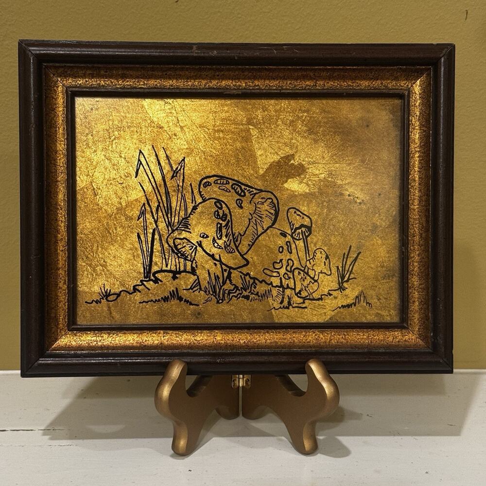Mushrooms‎ Gold Tin Foil Sketch Art Country Farm Wood Framed Vintage Retro Decor